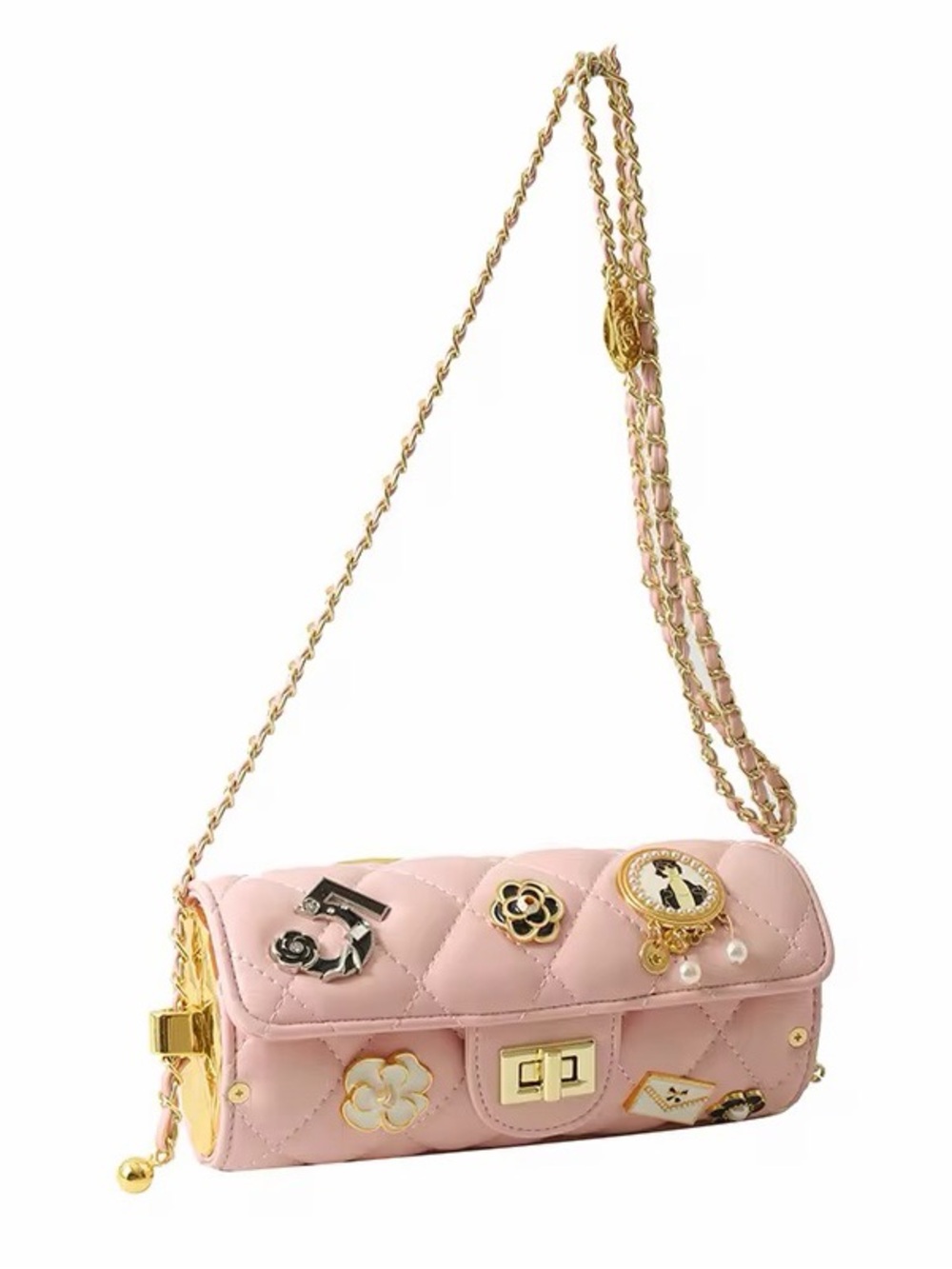 Pink Quilted Chain-Handle Shoulder Bag with Decorative Charms